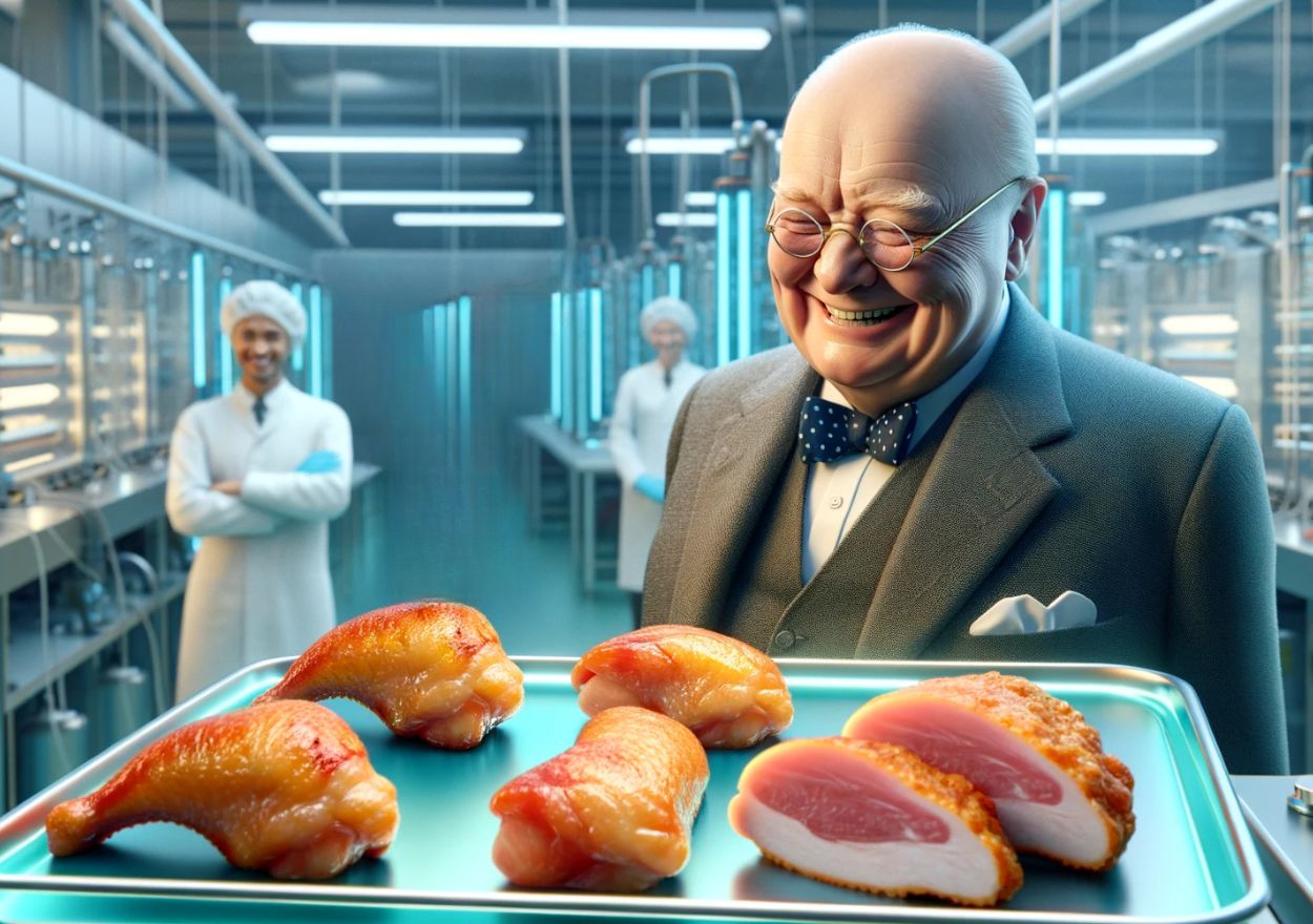 Winston Churchill smiling as he looks at the lab-grown meat according to his prediction Dall-e for Sociedad Vegana-JPG